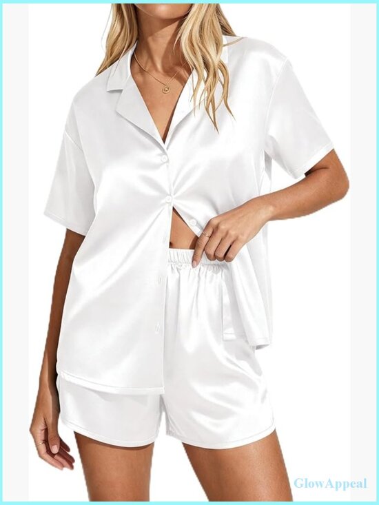 Other - Women's Satin Pajama Set Short Sleeve Button Down 2 Piece Silky Pj Set